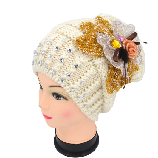 Diamonte flower Women Winter Knitted Braided Beanie Oversized Hat - White (10 PCs) image 1