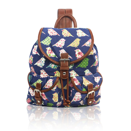 Birds and Flowers Print Retro Style Rucksack - Dark Blue image 1