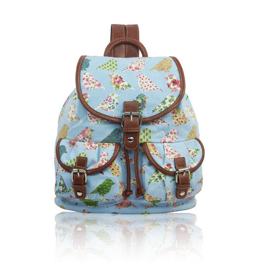 Birds and Flowers Print Retro Style Rucksack - Light Blue image 1