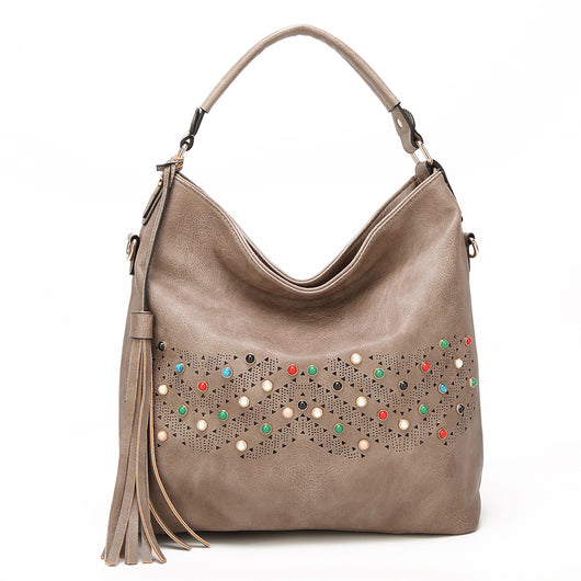 Shaylee Tassel And Bead Slouch Tote Bag - Dark Beige image 1