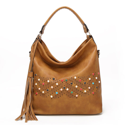 Shaylee Tassel And Bead Slouch Tote Bag - Tan image 1