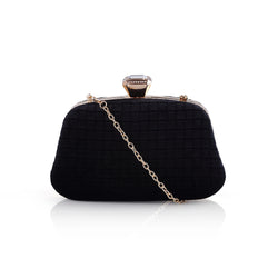 Velvet Textured Box Bag With Large Diamante Clasp - Black image 1