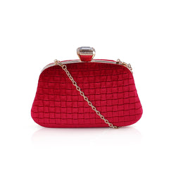 Velvet Textured Box Bag With Large Diamante Clasp - Red image 1