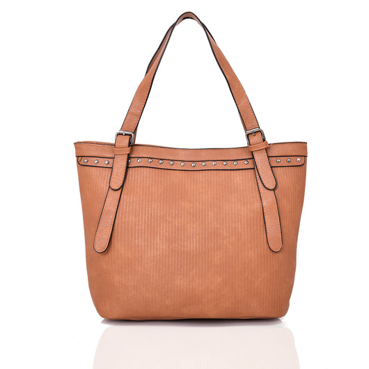 Cordelia Stud Trim Textured Shopper Bag - Tan image 1